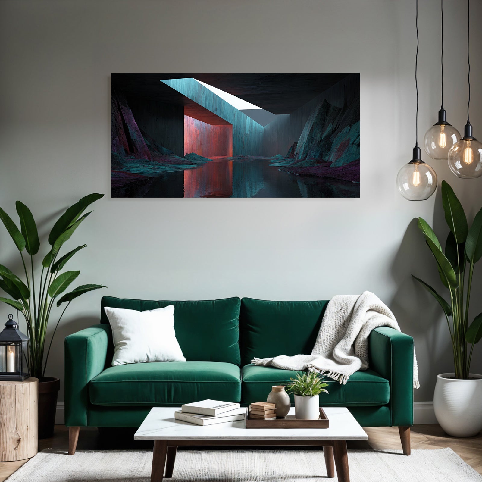 Moderne Stilisiertes Surrealistisches Landschaft Mit Geometrischen Formen Und Vividen Farben