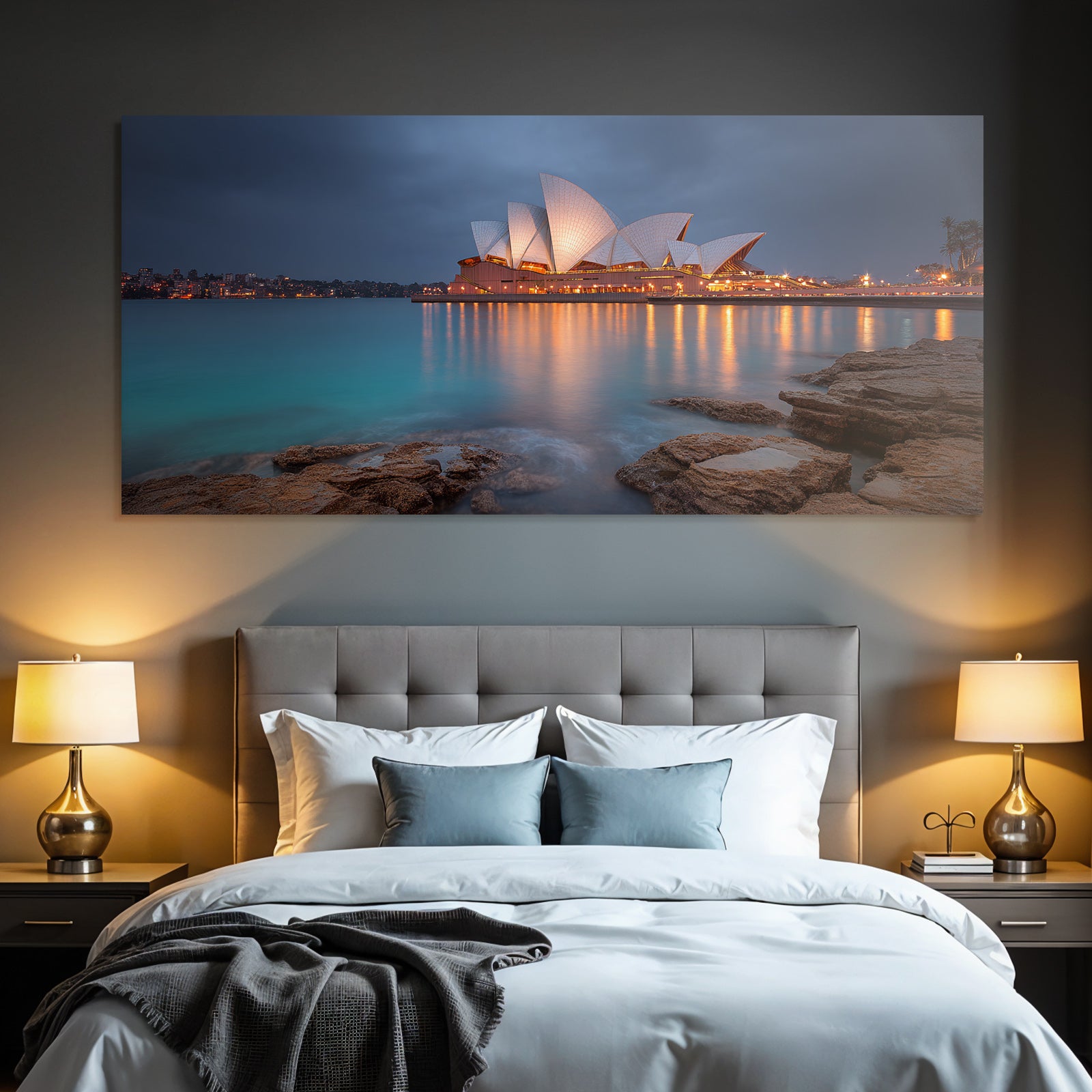 Moderne Sydney Opera House Bei Nacht Reflexionen Auf Dem Wasser