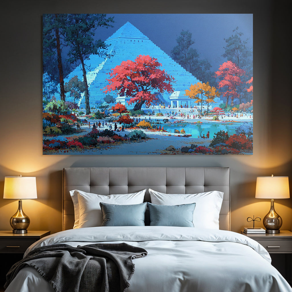 Moderne Vibrante Fantasielandschaft Mit Pyramide Und Bunten Bäumen
