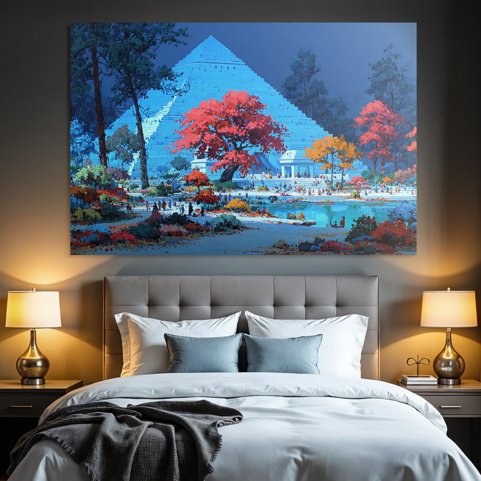 Moderne Vibrante Fantasielandschaft Mit Pyramide Und Bunten Bäumen