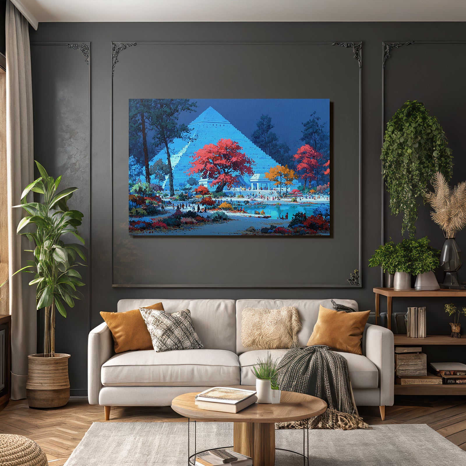 Moderne Vibrante Fantasielandschaft Mit Pyramide Und Bunten Bäumen