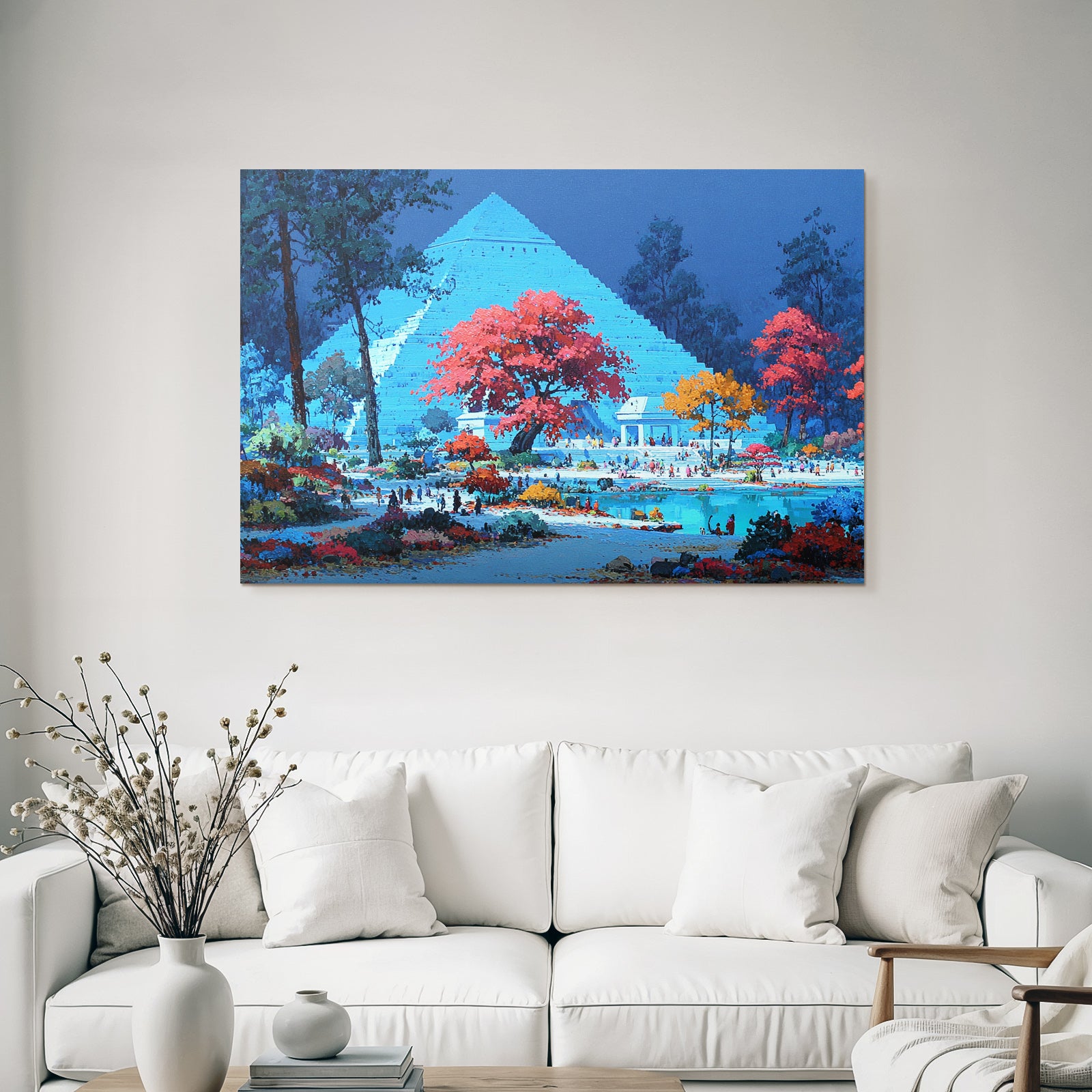 Moderne Vibrante Fantasielandschaft Mit Pyramide Und Bunten Bäumen