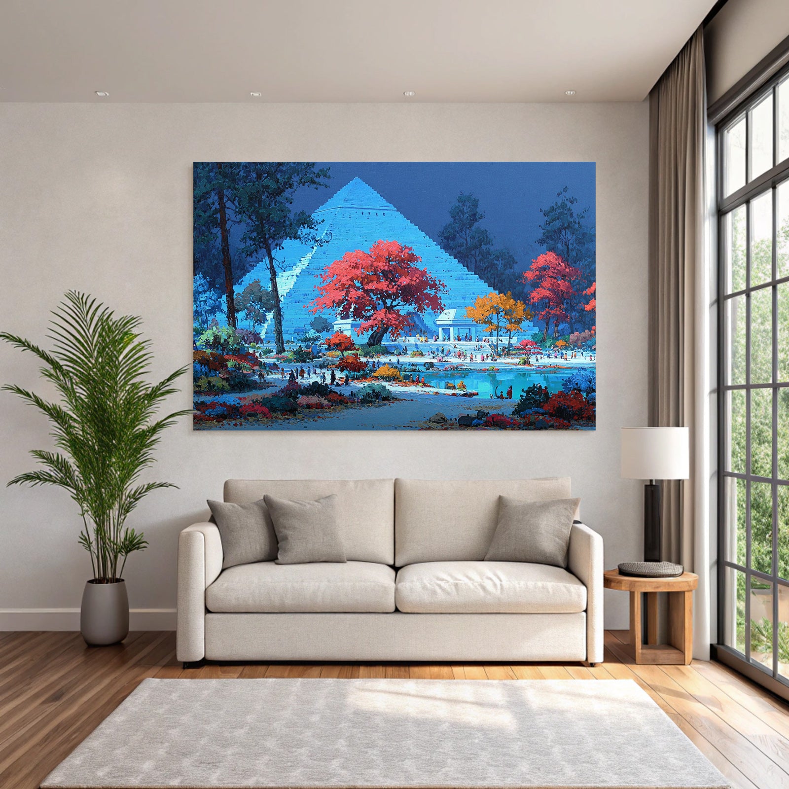 Moderne Vibrante Fantasielandschaft Mit Pyramide Und Bunten Bäumen