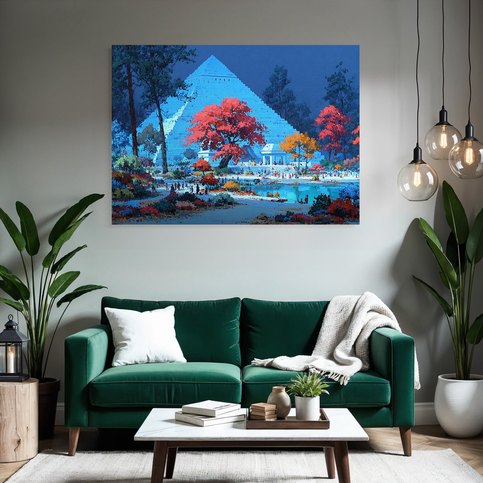 Moderne Vibrante Fantasielandschaft Mit Pyramide Und Bunten Bäumen