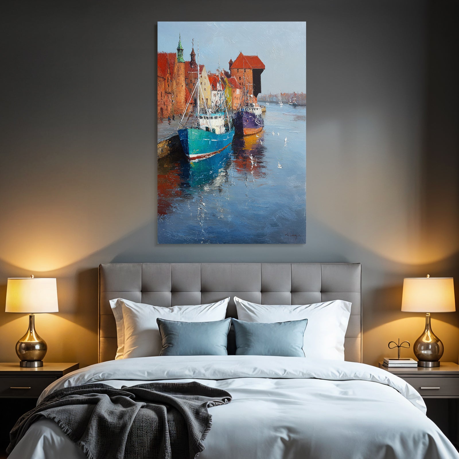 Hafenlandschaft Bunte Gebaude Boote Reflektion