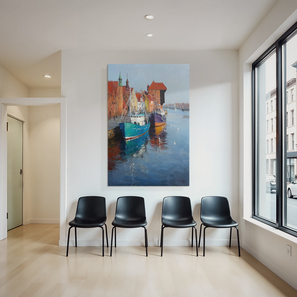 Hafenlandschaft Bunte Gebaude Boote Reflektion
