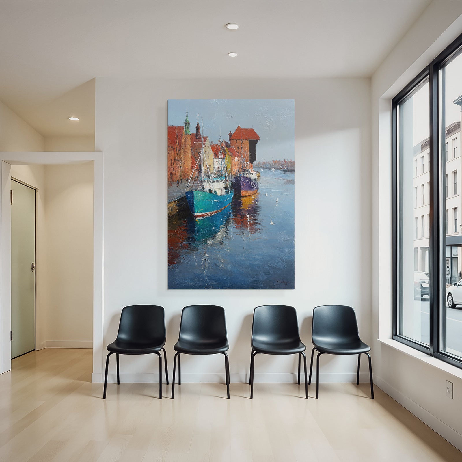 Hafenlandschaft Bunte Gebaude Boote Reflektion