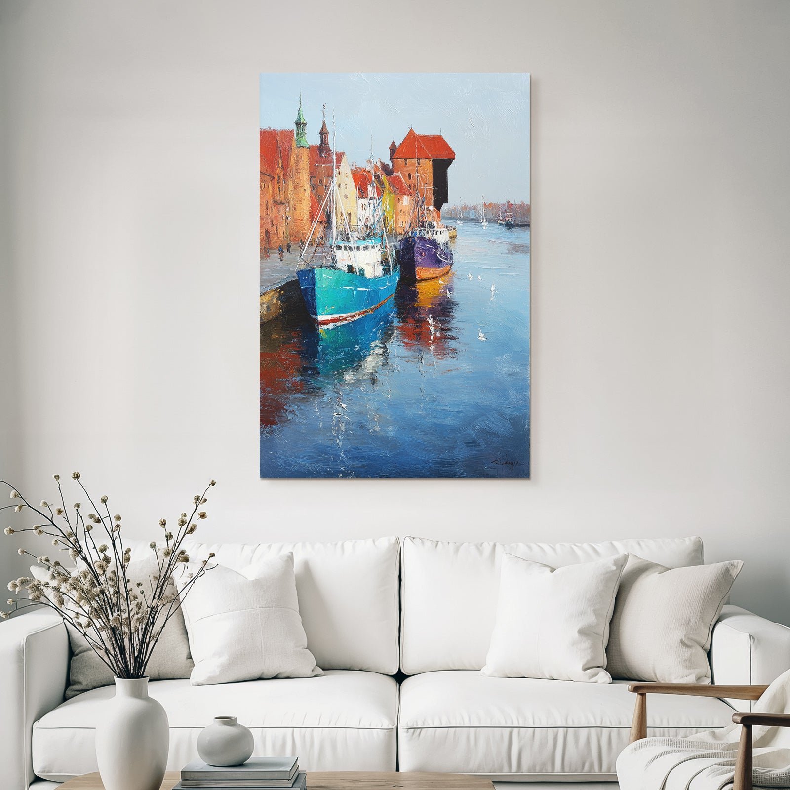 Hafenlandschaft Bunte Gebaude Boote Reflektion