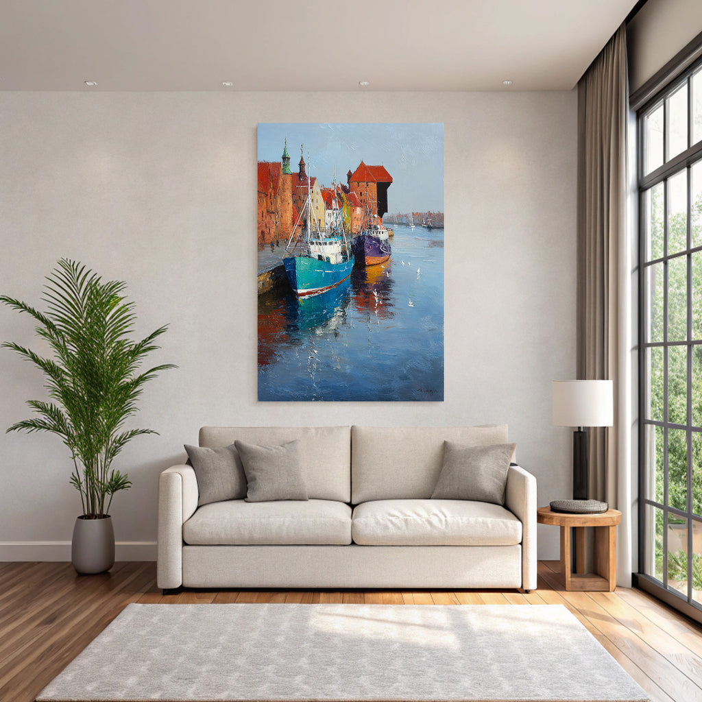 Hafenlandschaft Bunte Gebaude Boote Reflektion