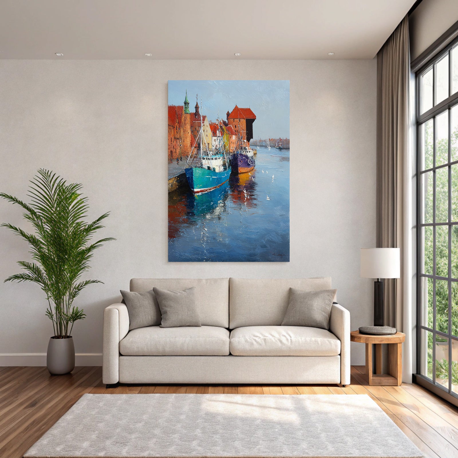 Hafenlandschaft Bunte Gebaude Boote Reflektion