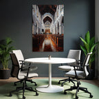 Kircheninterieur Mit Vaulted Ceilings Stained Glass Windows Holzbank Und Lichtreflexionen