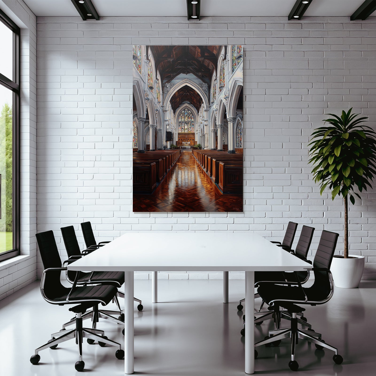 Kircheninterieur Mit Vaulted Ceilings Stained Glass Windows Holzbank Und Lichtreflexionen