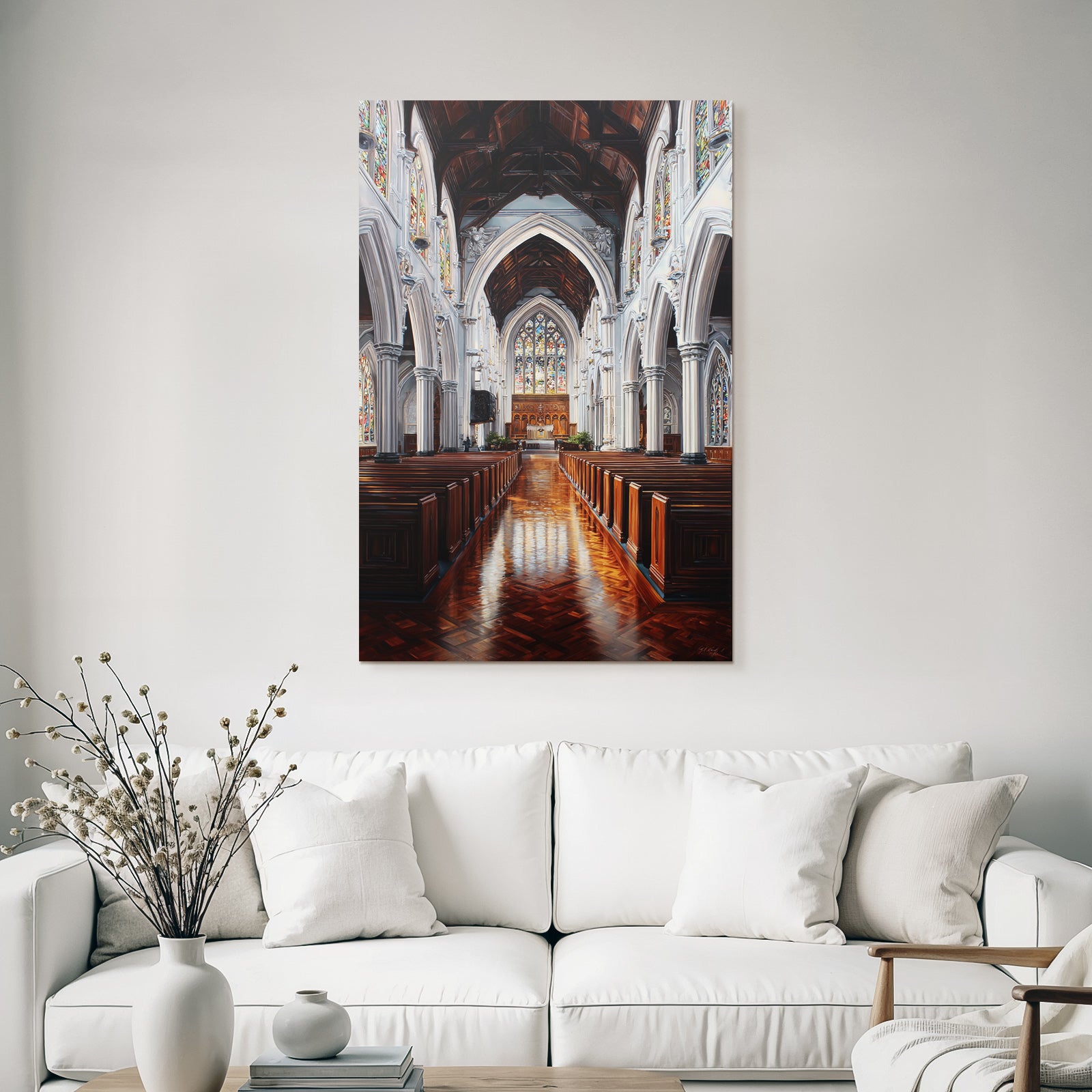 Kircheninterieur Mit Vaulted Ceilings Stained Glass Windows Holzbank Und Lichtreflexionen