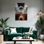 Kircheninterieur Mit Vaulted Ceilings Stained Glass Windows Holzbank Und Lichtreflexionen