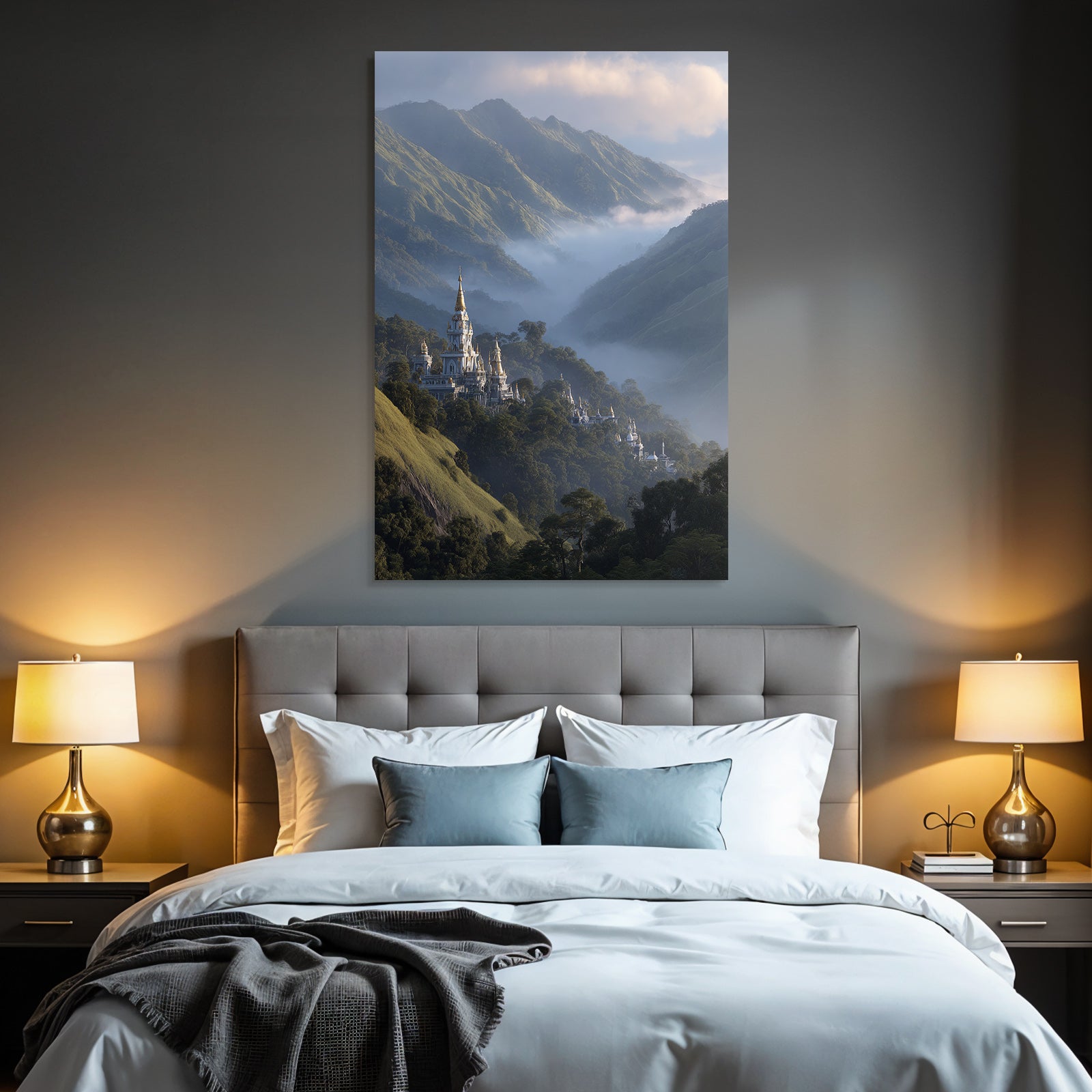 Majestätische Landschaft Mit Schloss Im Nebel Und Grünen Bergen