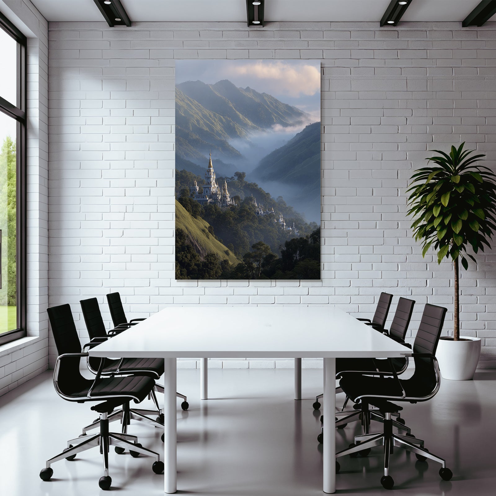 Majestätische Landschaft Mit Schloss Im Nebel Und Grünen Bergen