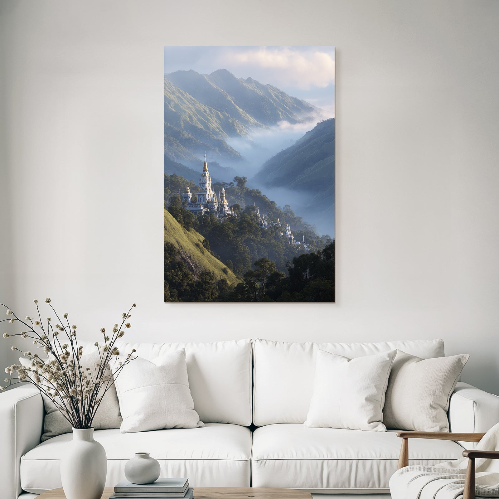 Majestätische Landschaft Mit Schloss Im Nebel Und Grünen Bergen