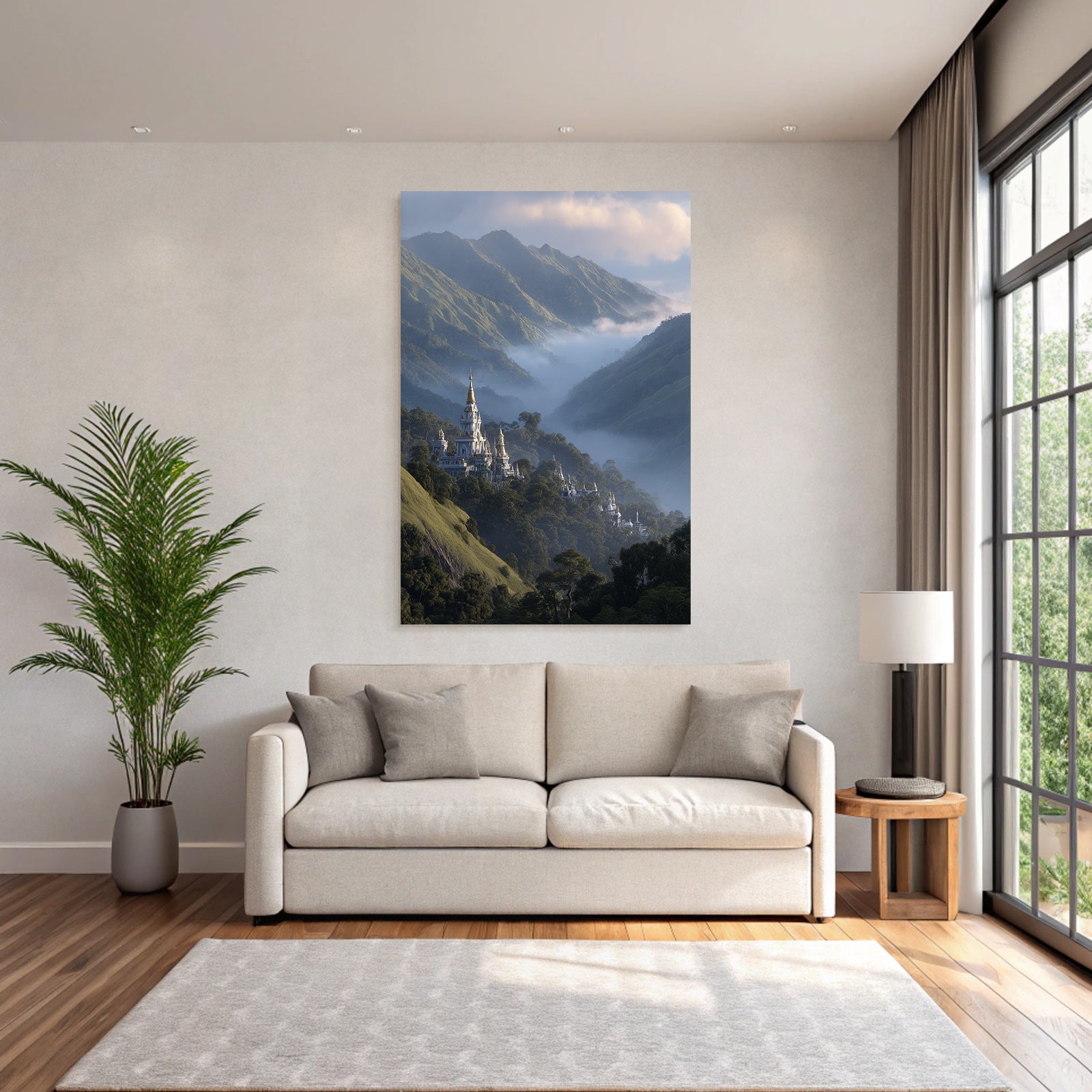 Majestätische Landschaft Mit Schloss Im Nebel Und Grünen Bergen