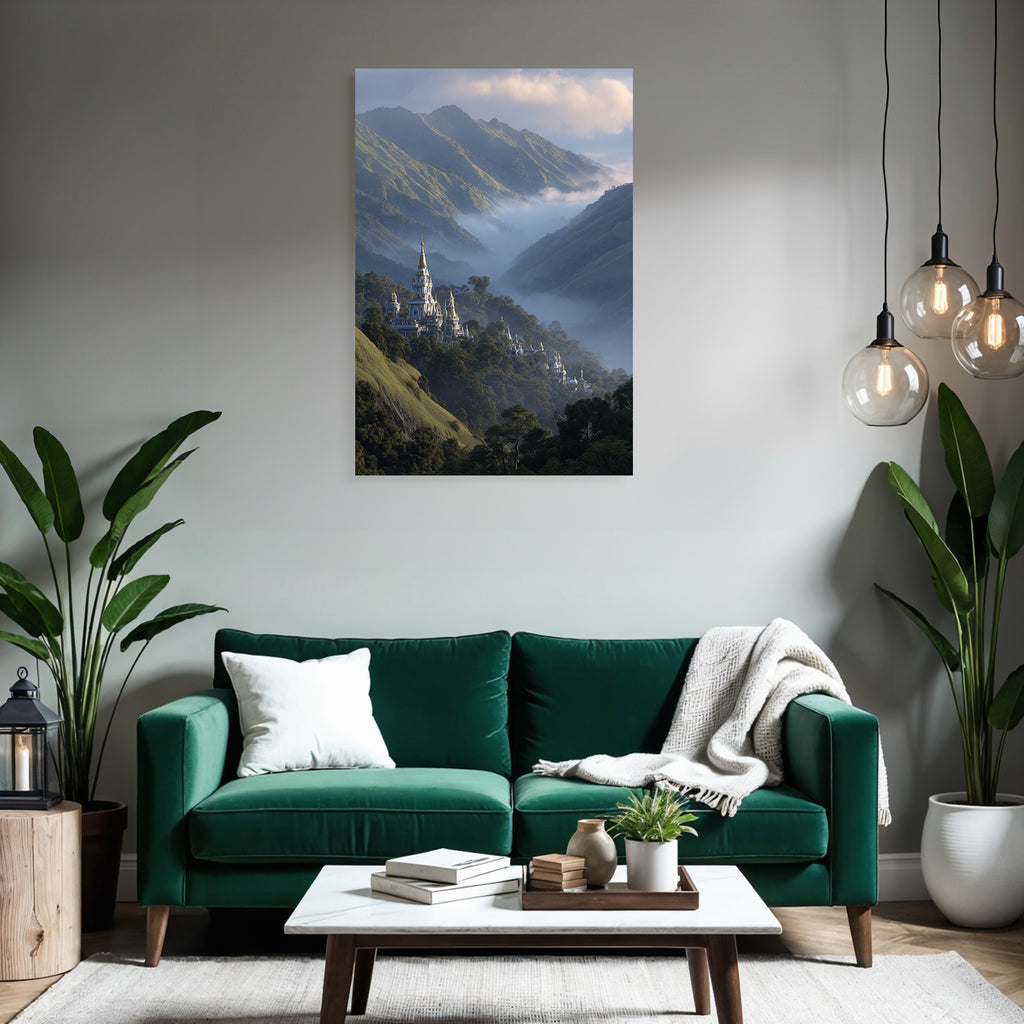 Majestätische Landschaft Mit Schloss Im Nebel Und Grünen Bergen