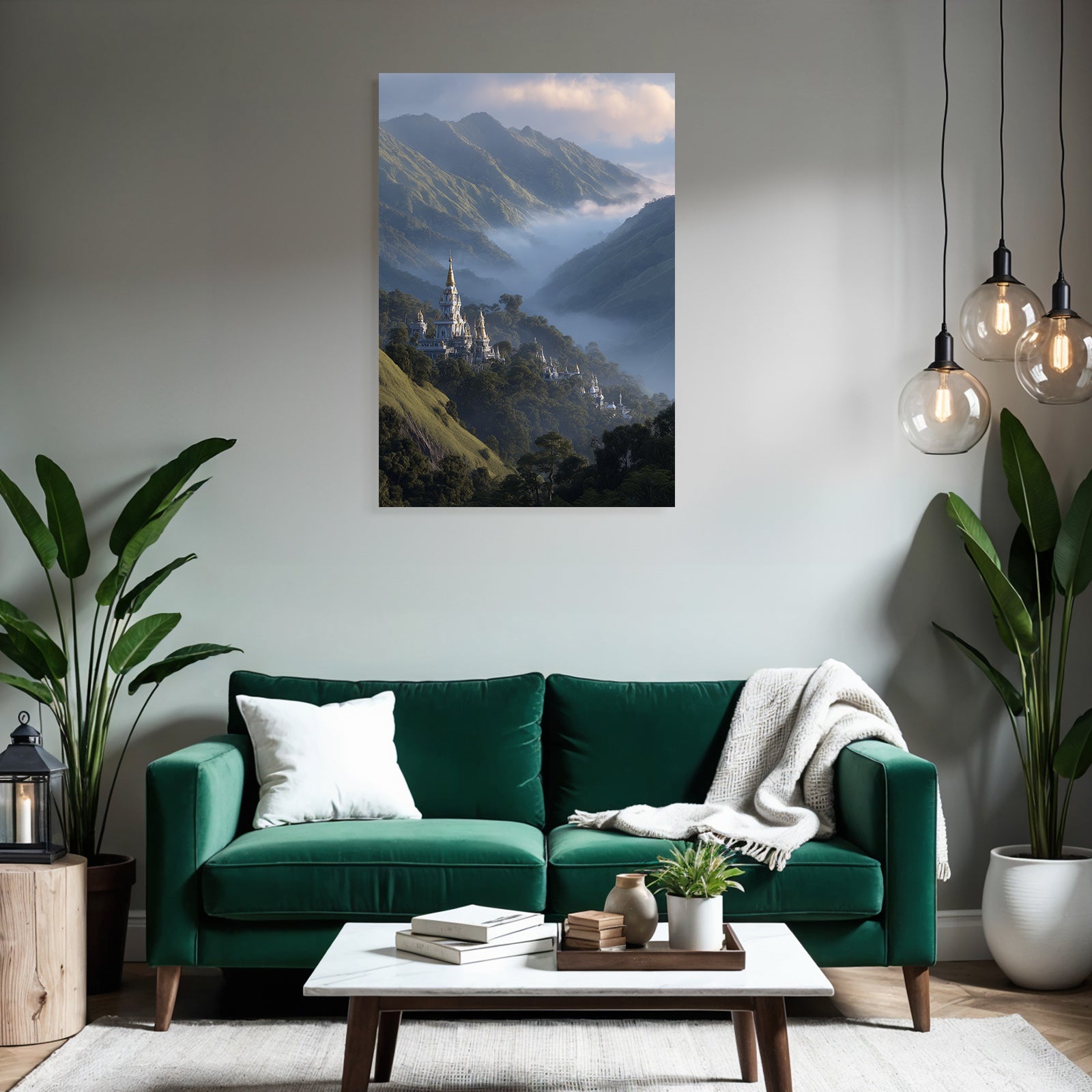 Majestätische Landschaft Mit Schloss Im Nebel Und Grünen Bergen