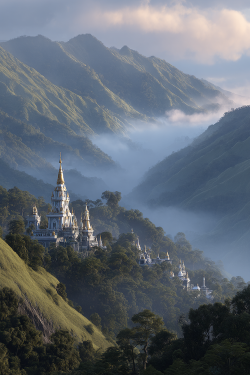 Majestätische Landschaft Mit Schloss Im Nebel Und Grünen Bergen | Sakrale Bauten | Architektur