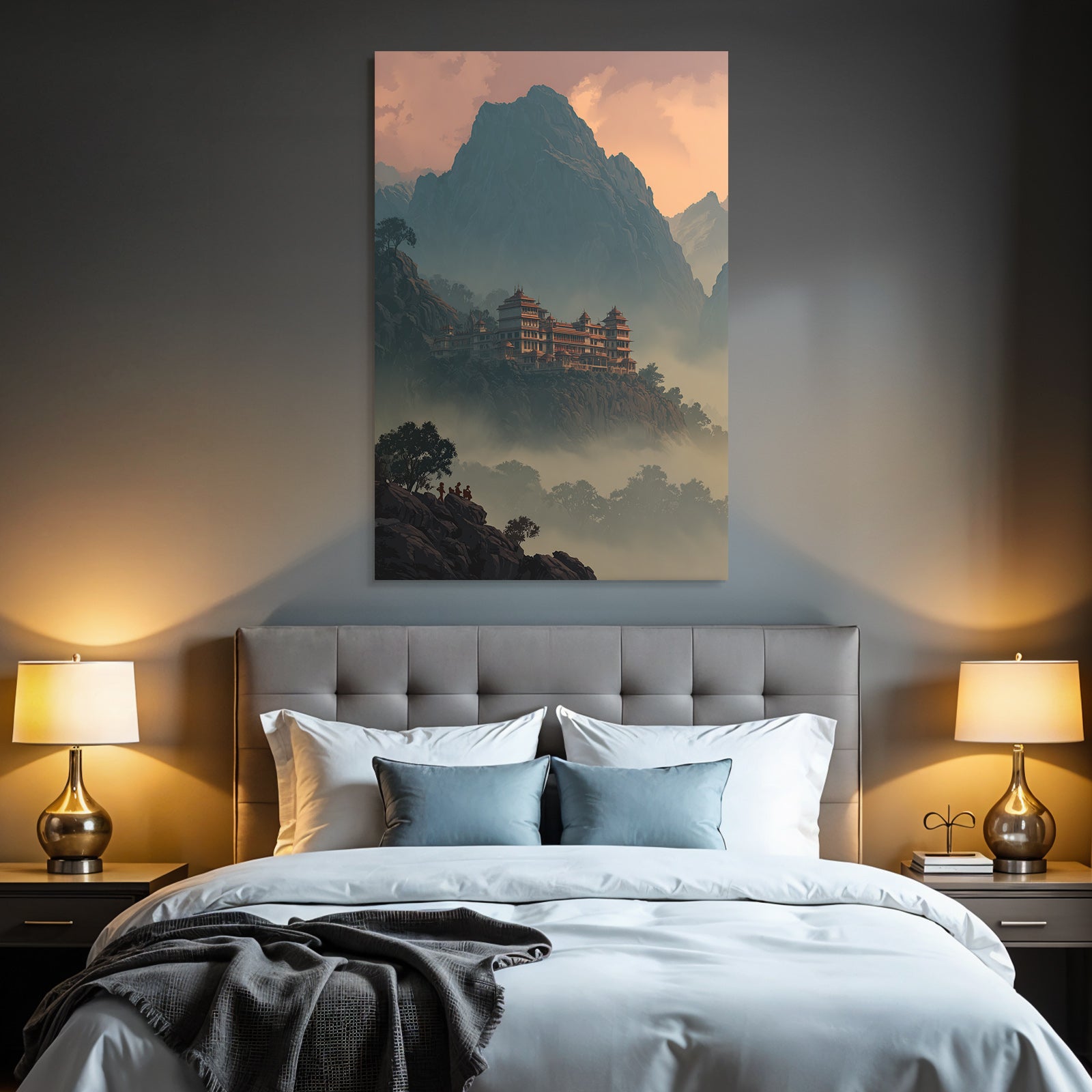 Ruhige Mystische Landschaft Gipfel Tempel Bei Nebel Sonnenaufgang Geschichte