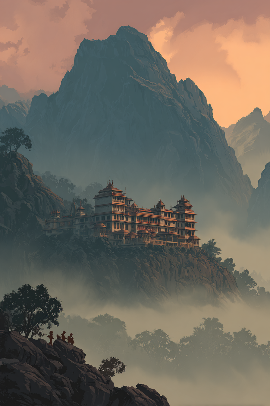 Ruhige Mystische Landschaft Gipfel Tempel Bei Nebel Sonnenaufgang Geschichte | Sakrale Bauten | Architektur