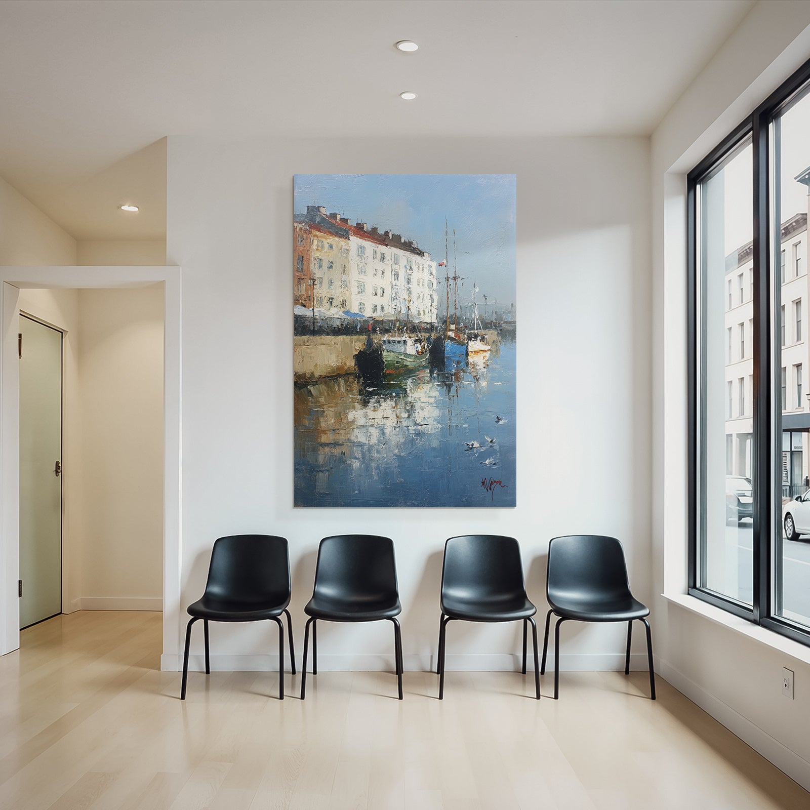 Ruhiger Hafen Mit Booten Reflexion Und Vögeln Impressionistische Malerei