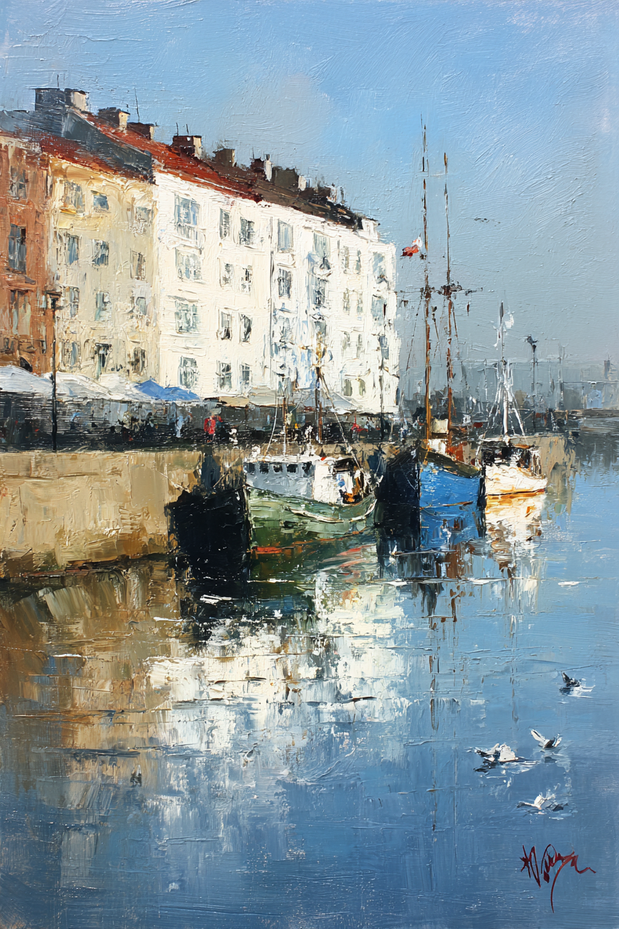 Ruhiger Hafen Mit Booten Reflexion Und Vögeln Impressionistische Malerei | Sakrale Bauten | Architektur