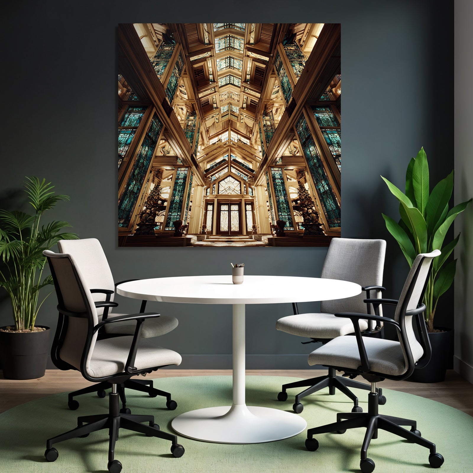 Moderne Ornate Architectural Interior Mit Holz Und Buntem Vitrail