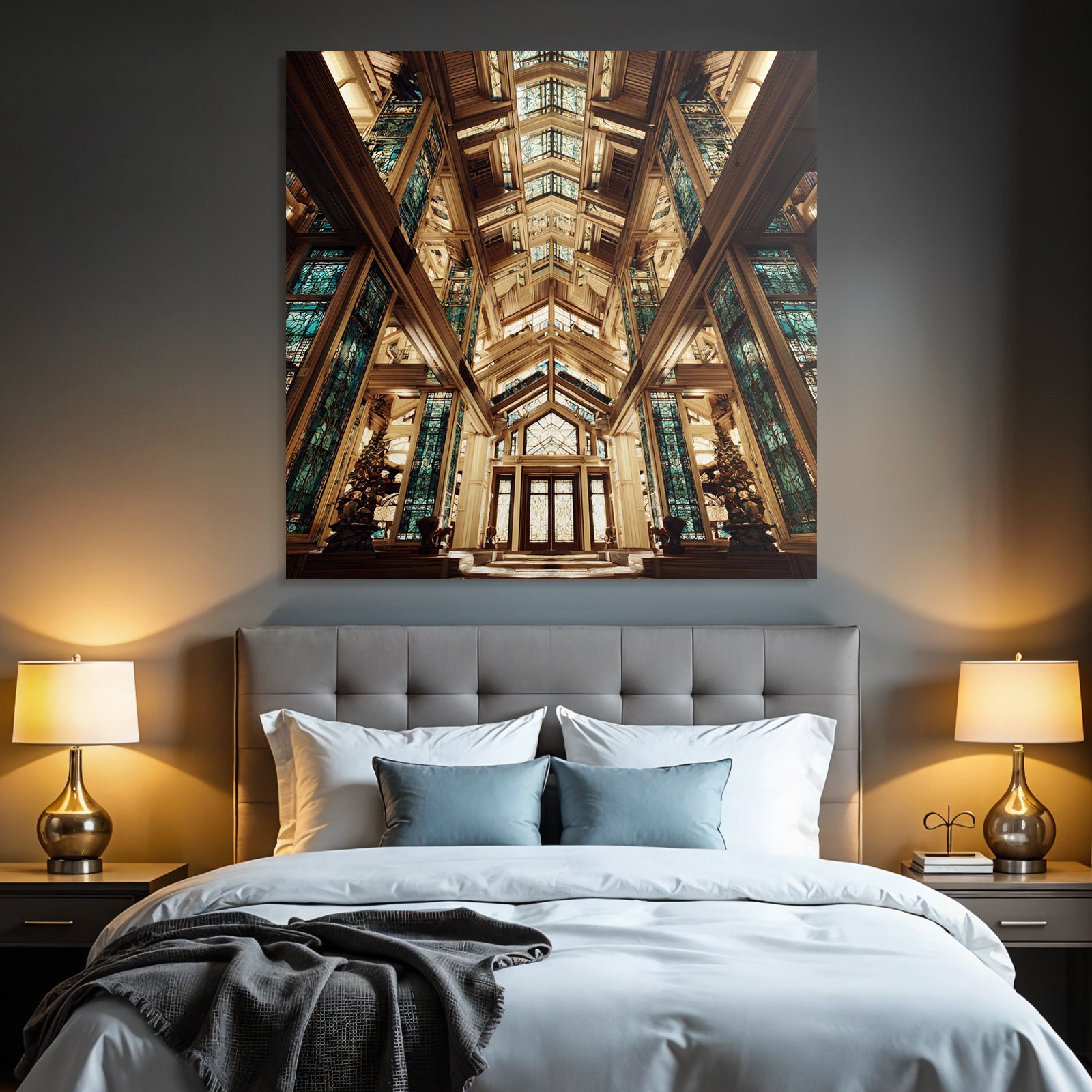 Moderne Ornate Architectural Interior Mit Holz Und Buntem Vitrail