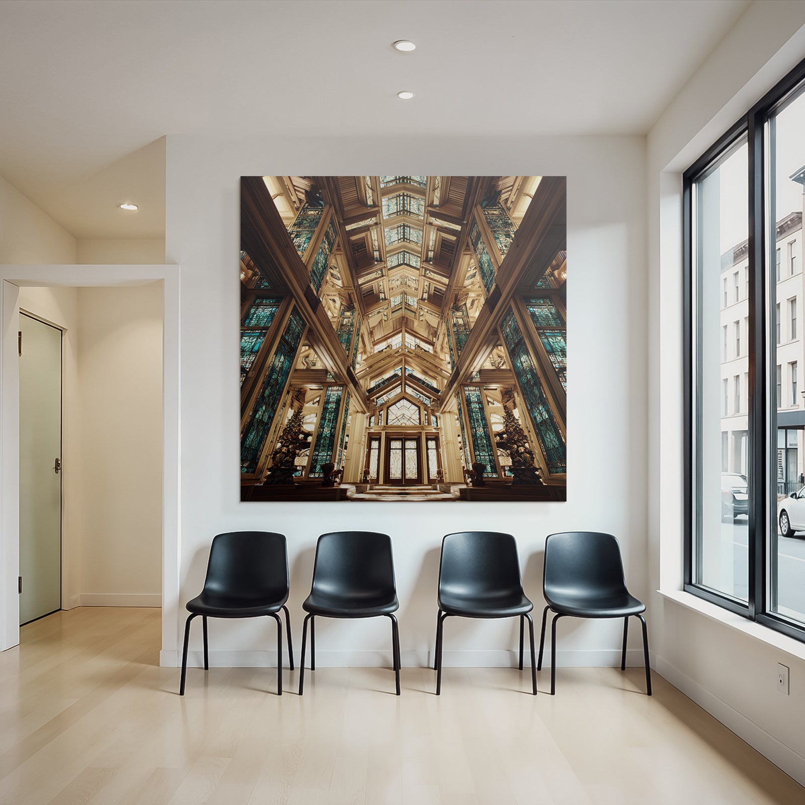 Moderne Ornate Architectural Interior Mit Holz Und Buntem Vitrail