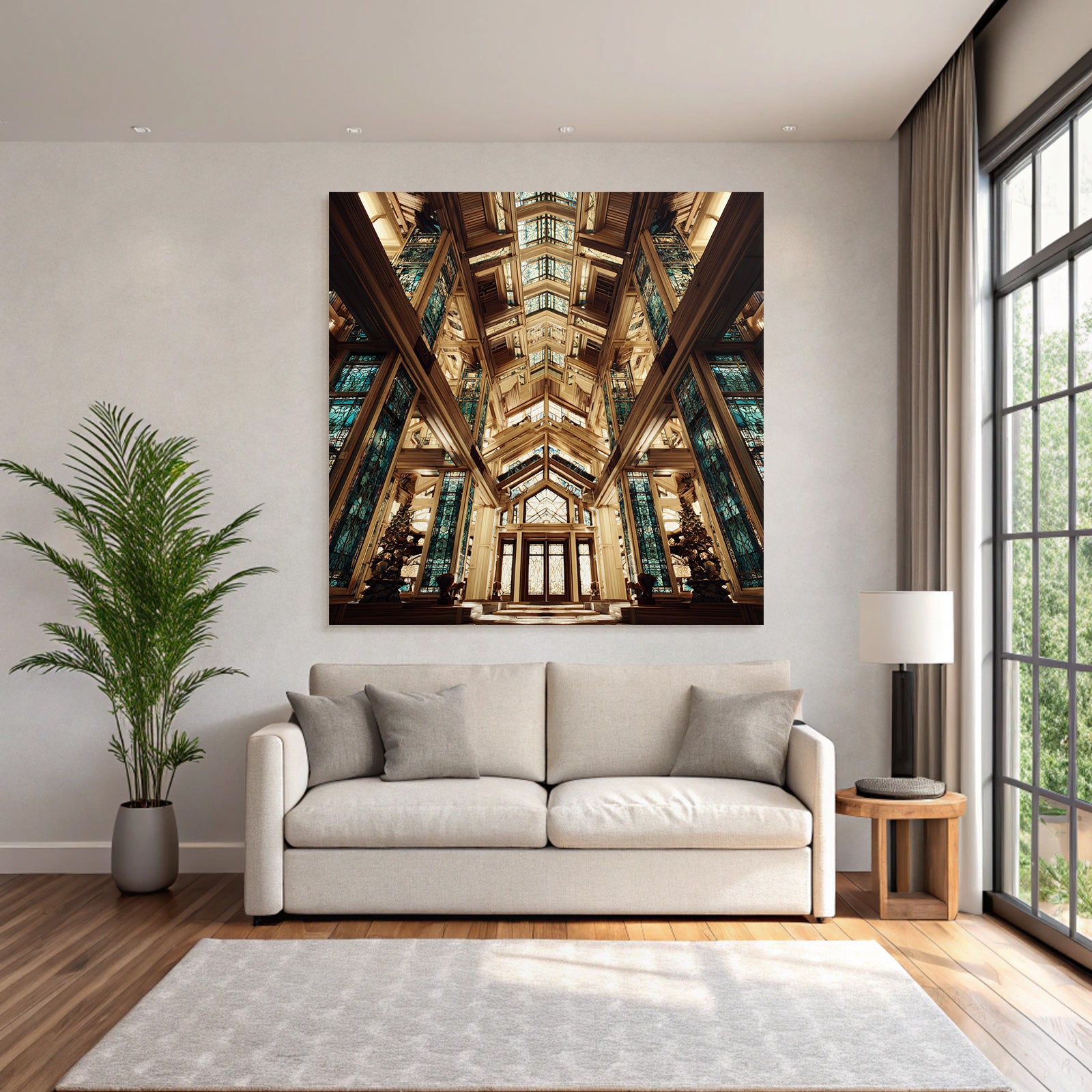 Moderne Ornate Architectural Interior Mit Holz Und Buntem Vitrail