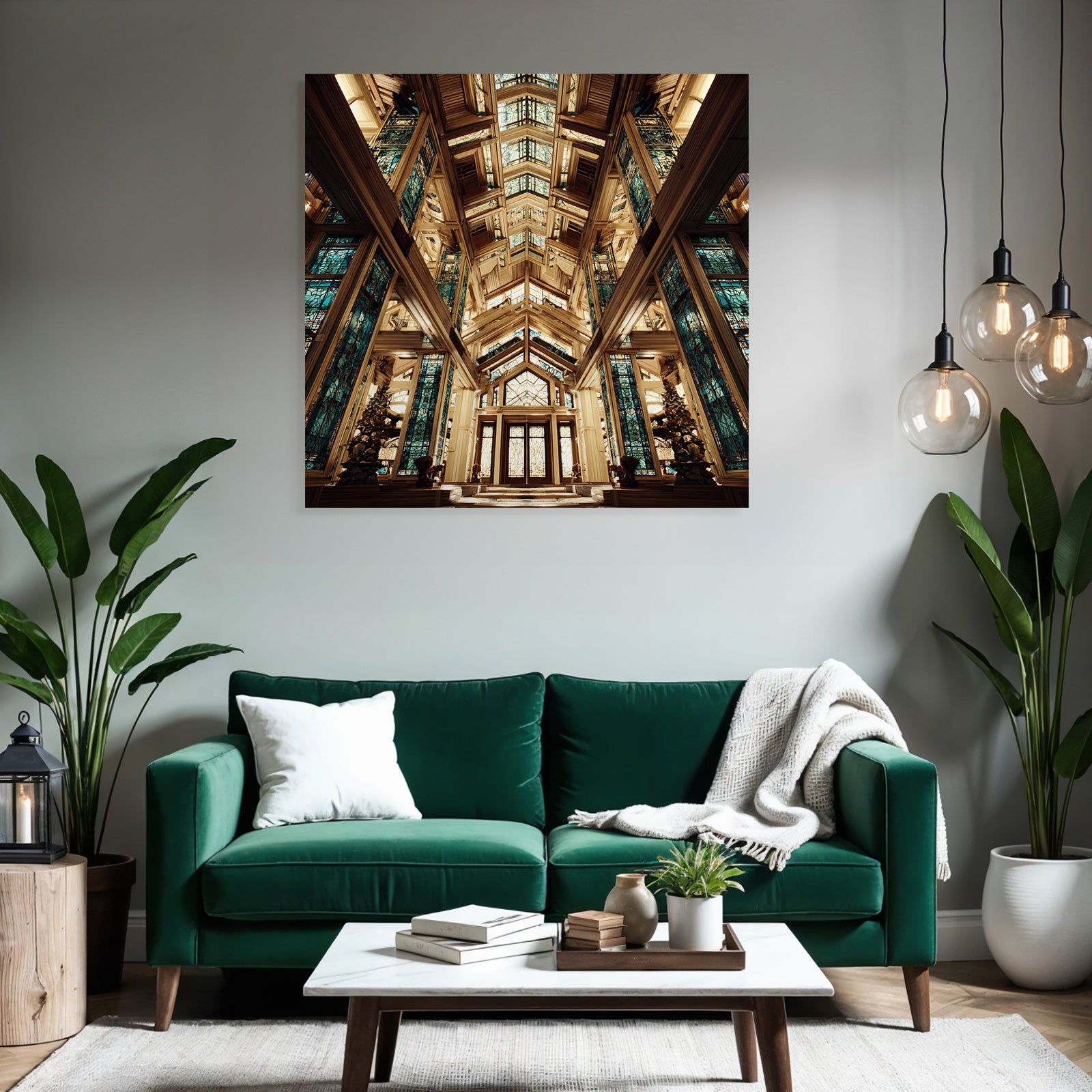 Moderne Ornate Architectural Interior Mit Holz Und Buntem Vitrail