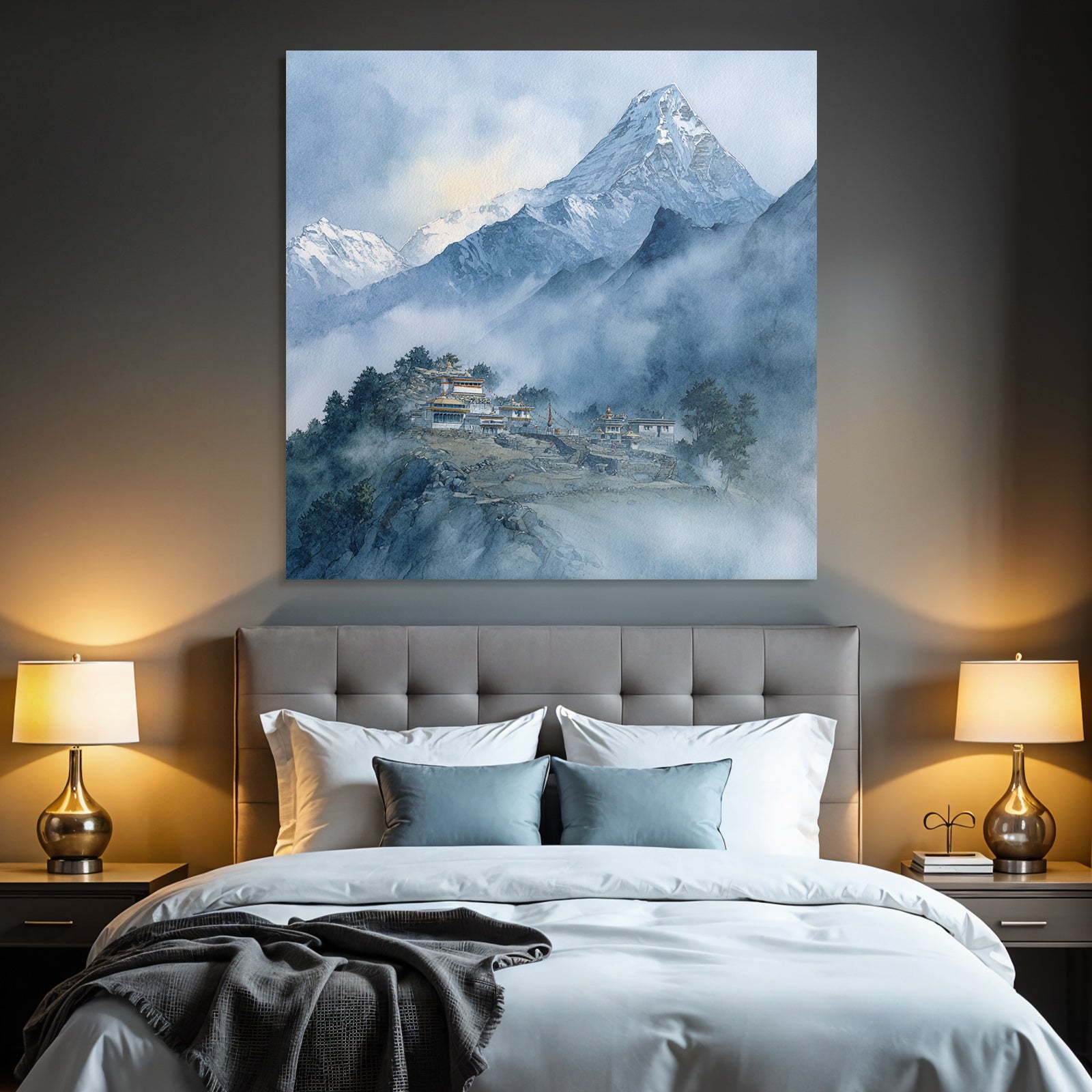 Gebirgslandschaft Mit Dorf Und Kloster Himalaya Art Watercolor