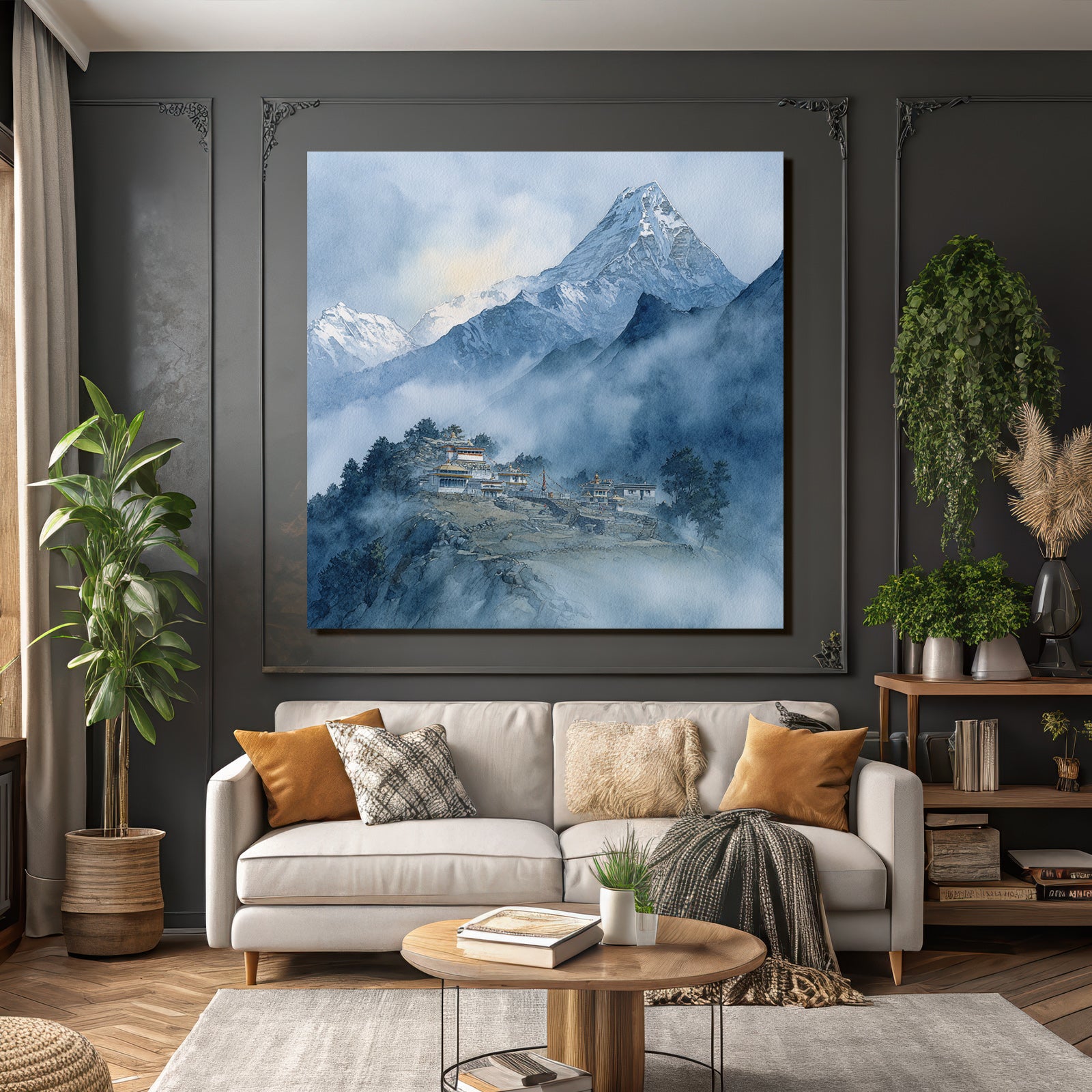 Gebirgslandschaft Mit Dorf Und Kloster Himalaya Art Watercolor