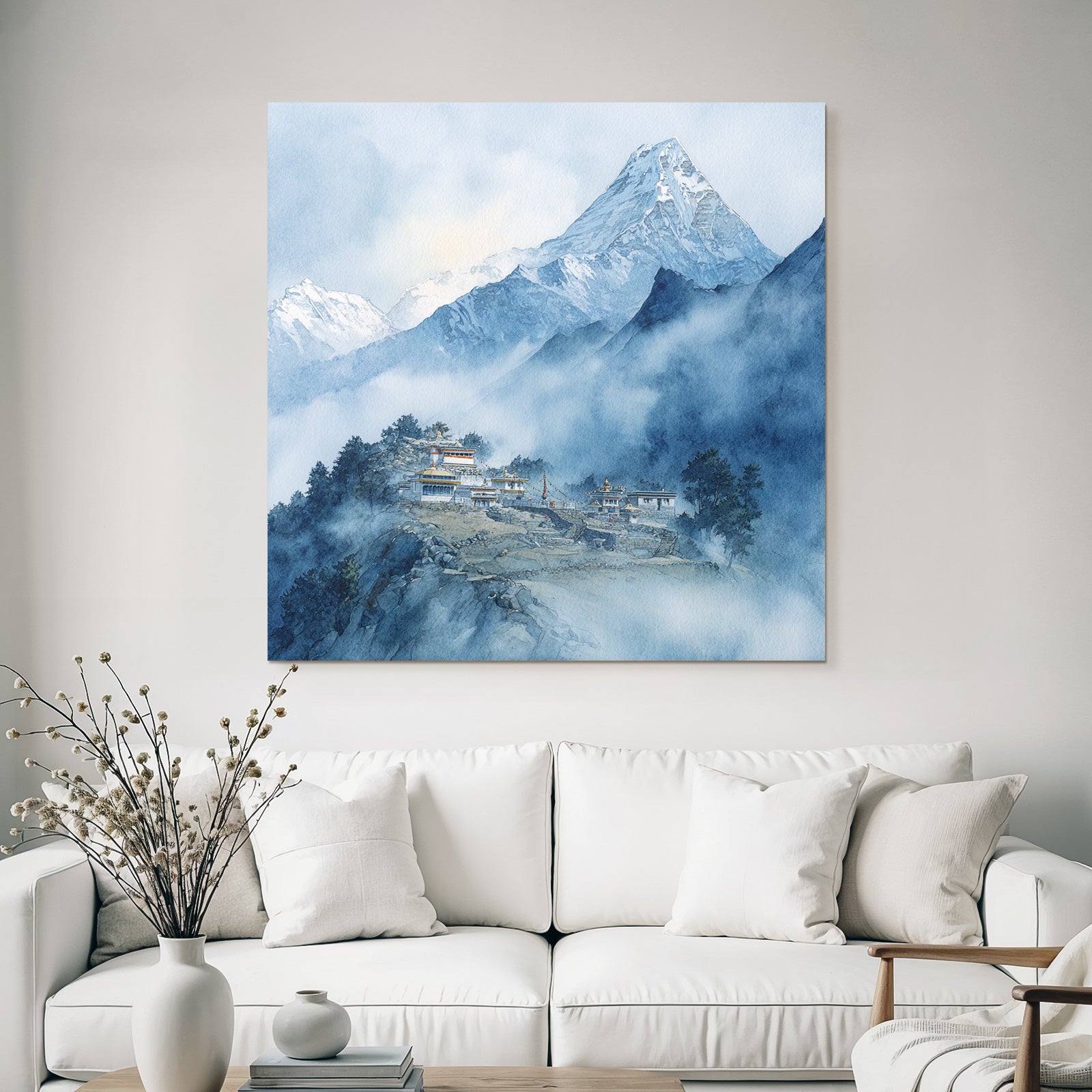 Gebirgslandschaft Mit Dorf Und Kloster Himalaya Art Watercolor