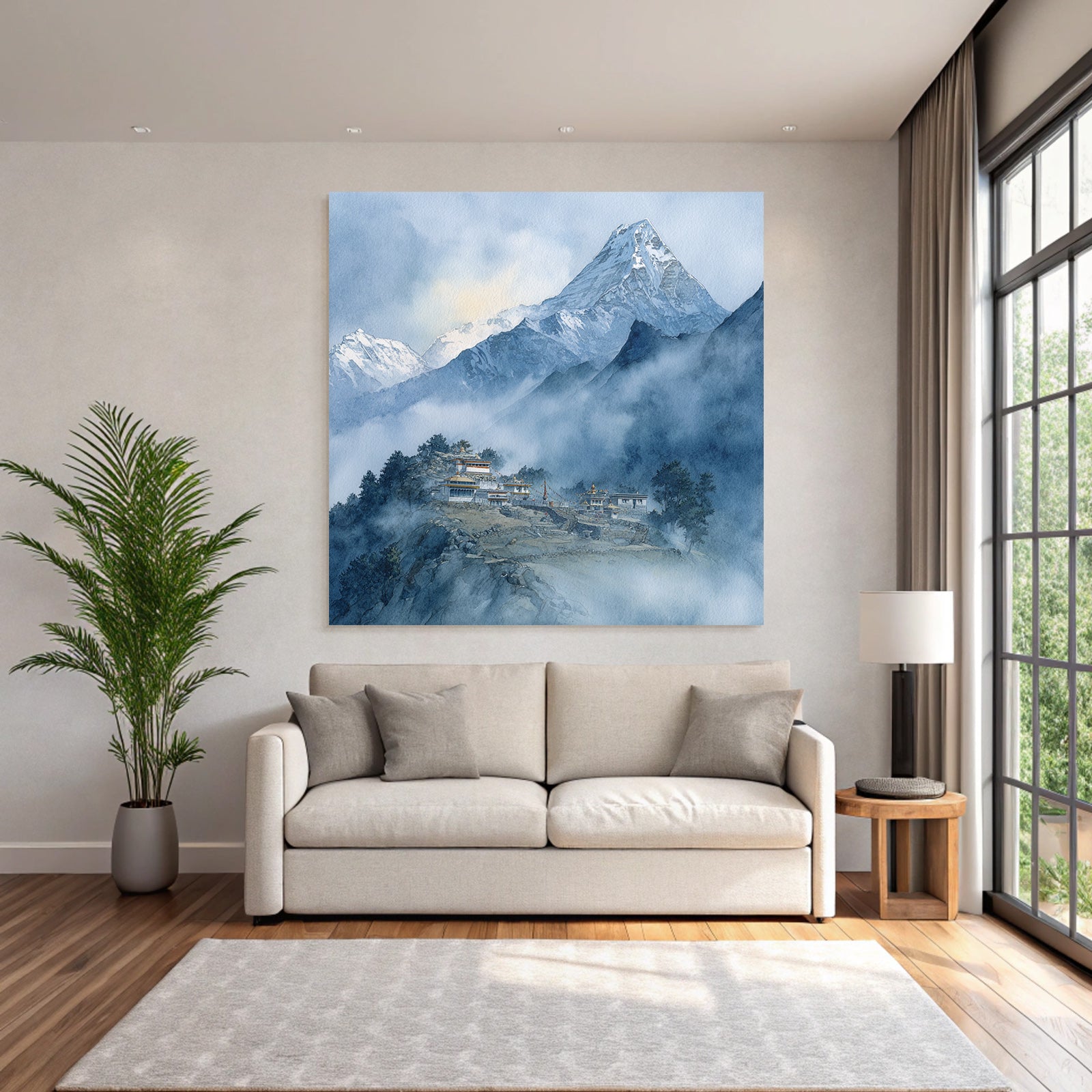 Gebirgslandschaft Mit Dorf Und Kloster Himalaya Art Watercolor