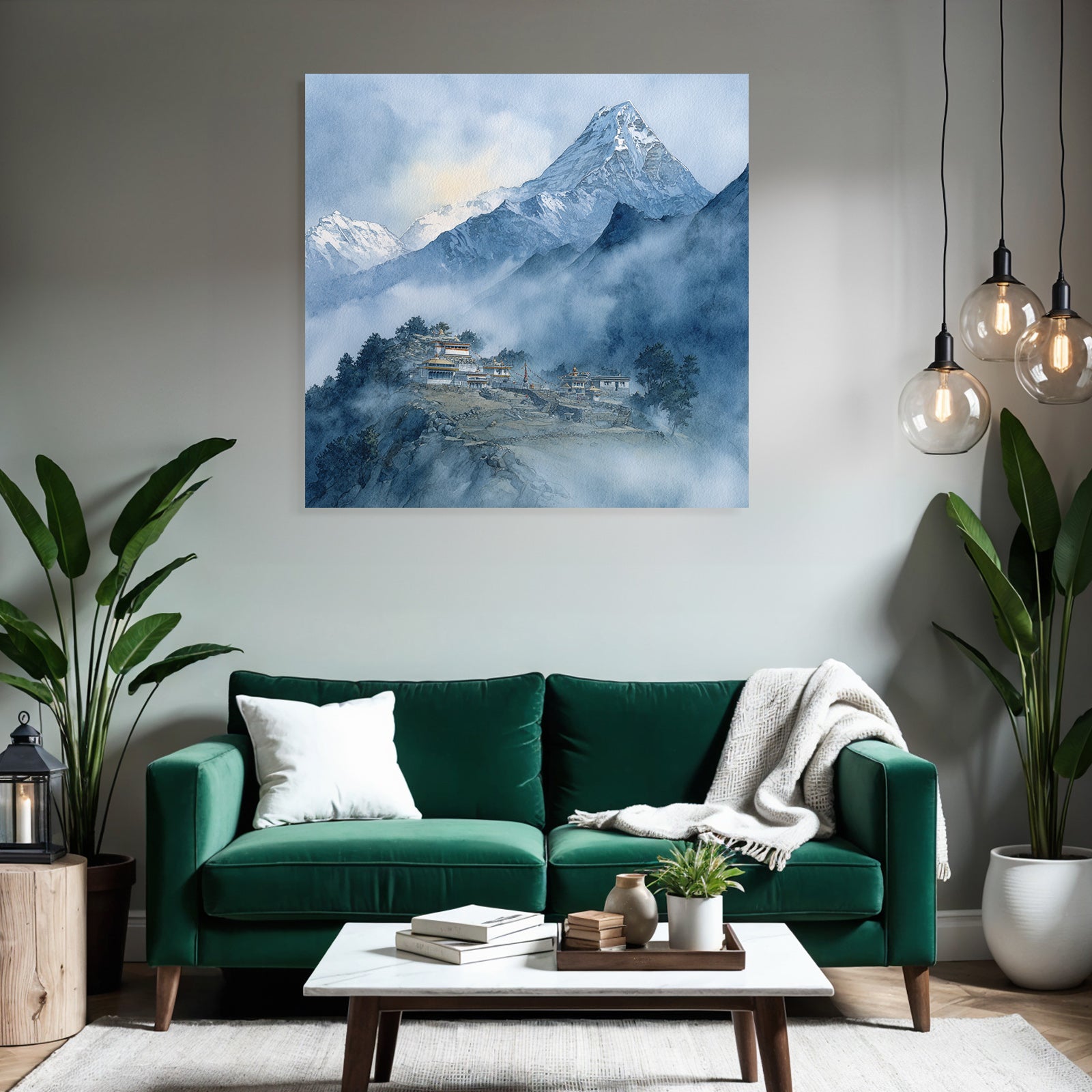 Gebirgslandschaft Mit Dorf Und Kloster Himalaya Art Watercolor