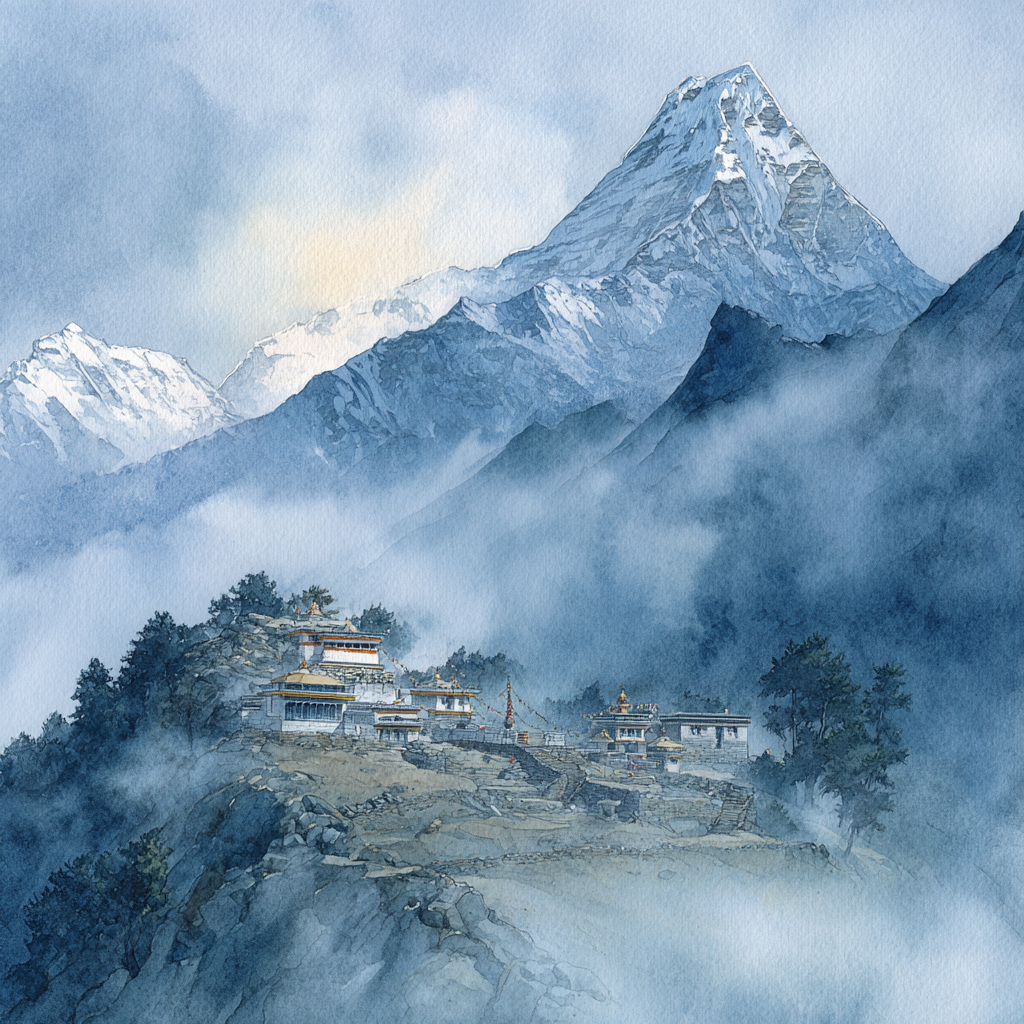 Gebirgslandschaft Mit Dorf Und Kloster Himalaya Art Watercolor | Sakrale Bauten | Architektur