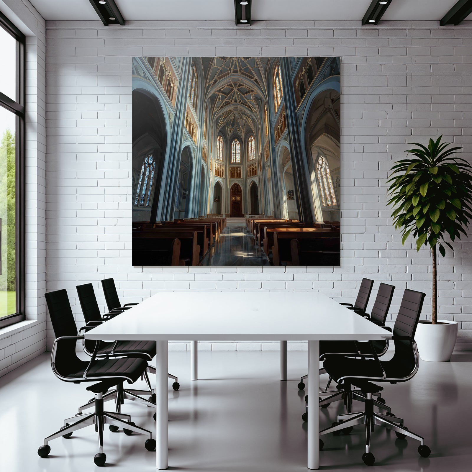 Gothischer Kirchen Innenraum Mit Buntglasfenstern Und Holzbänken