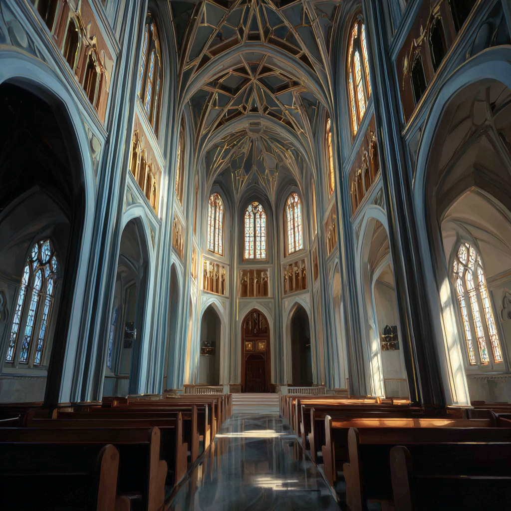 Gothischer Kirchen Innenraum Mit Buntglasfenstern Und Holzbänken | Sakrale Bauten | Architektur