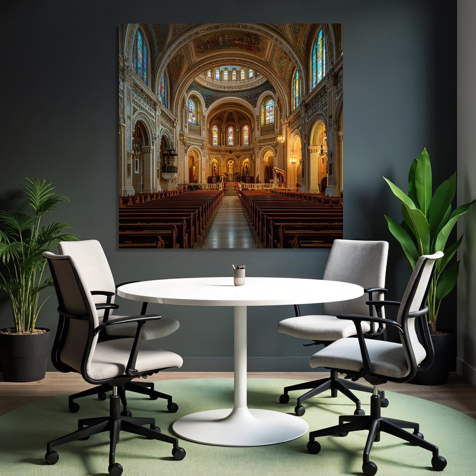 Grand Kirche Innenansicht Mit Buntem Glasfenster Und Pews