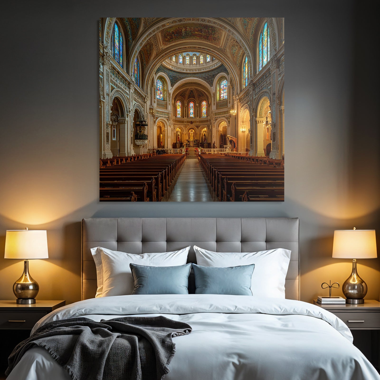 Grand Kirche Innenansicht Mit Buntem Glasfenster Und Pews