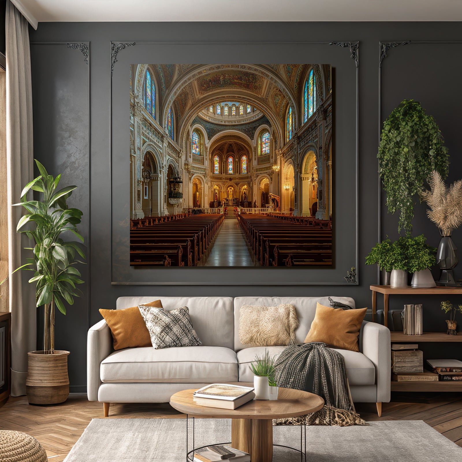 Grand Kirche Innenansicht Mit Buntem Glasfenster Und Pews