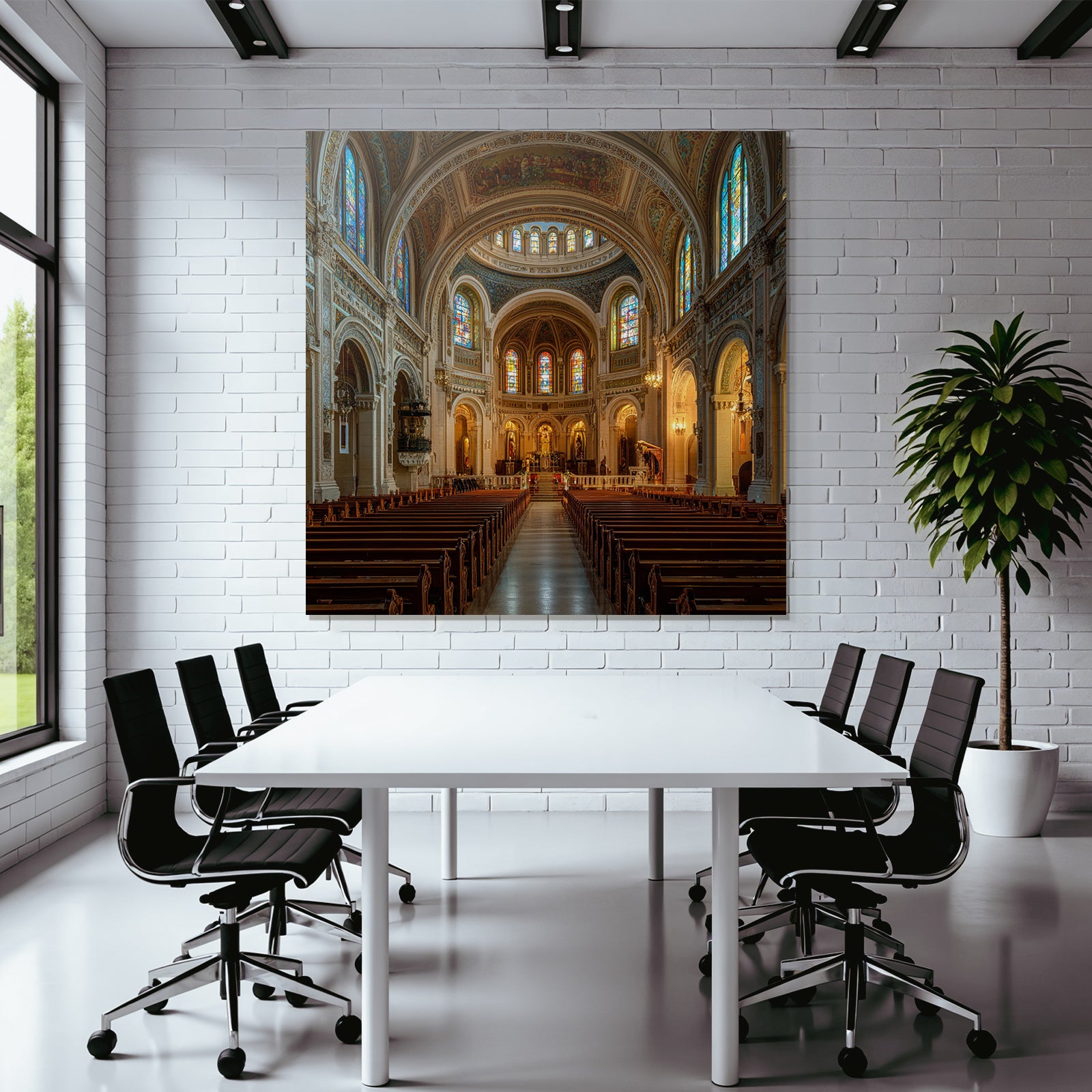 Grand Kirche Innenansicht Mit Buntem Glasfenster Und Pews