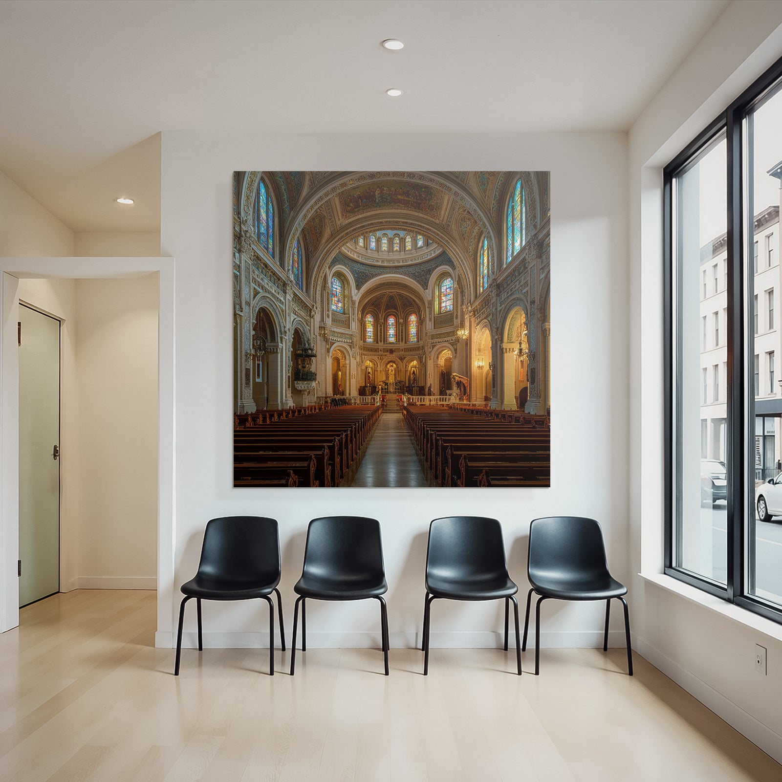 Grand Kirche Innenansicht Mit Buntem Glasfenster Und Pews