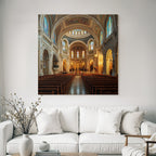 Grand Kirche Innenansicht Mit Buntem Glasfenster Und Pews