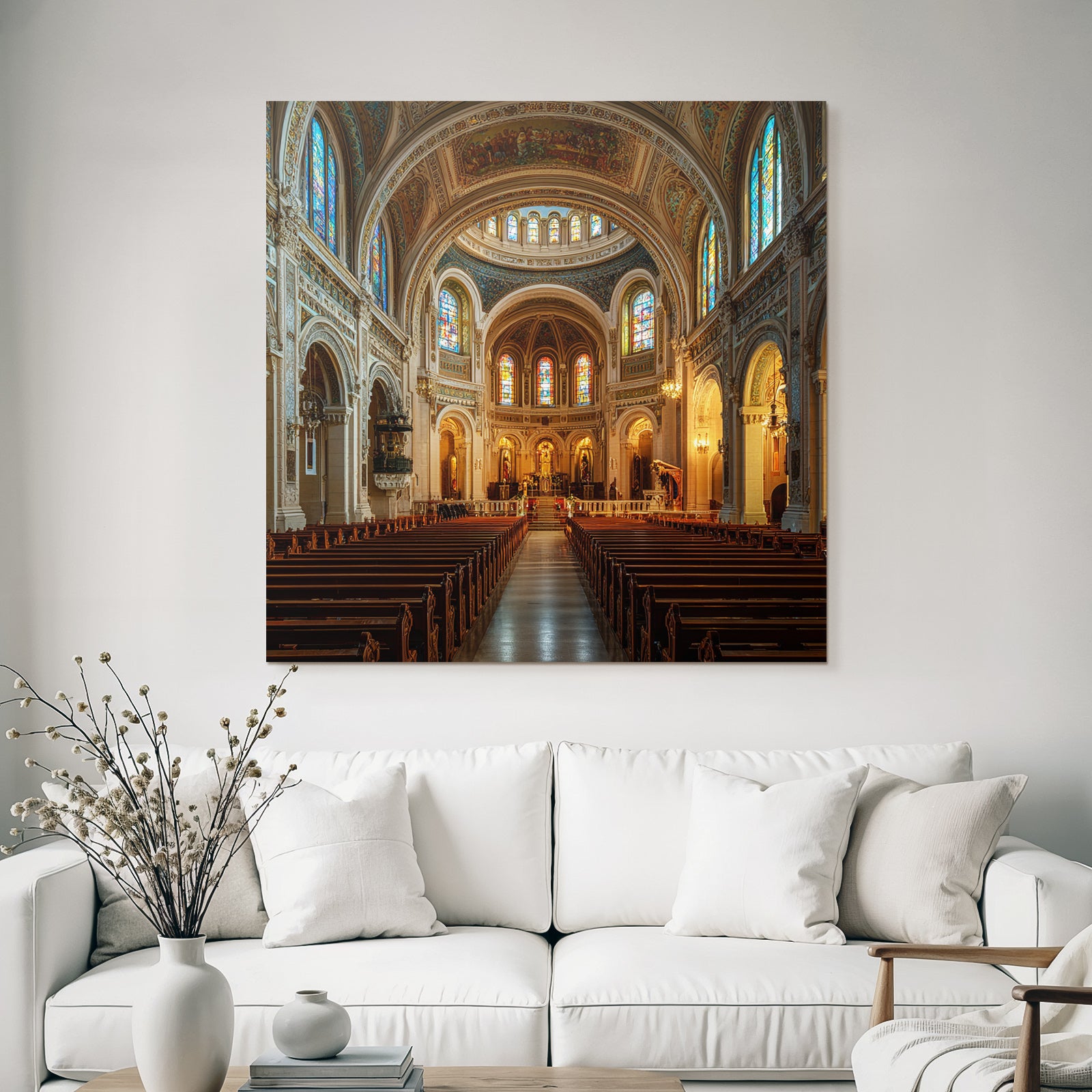Grand Kirche Innenansicht Mit Buntem Glasfenster Und Pews