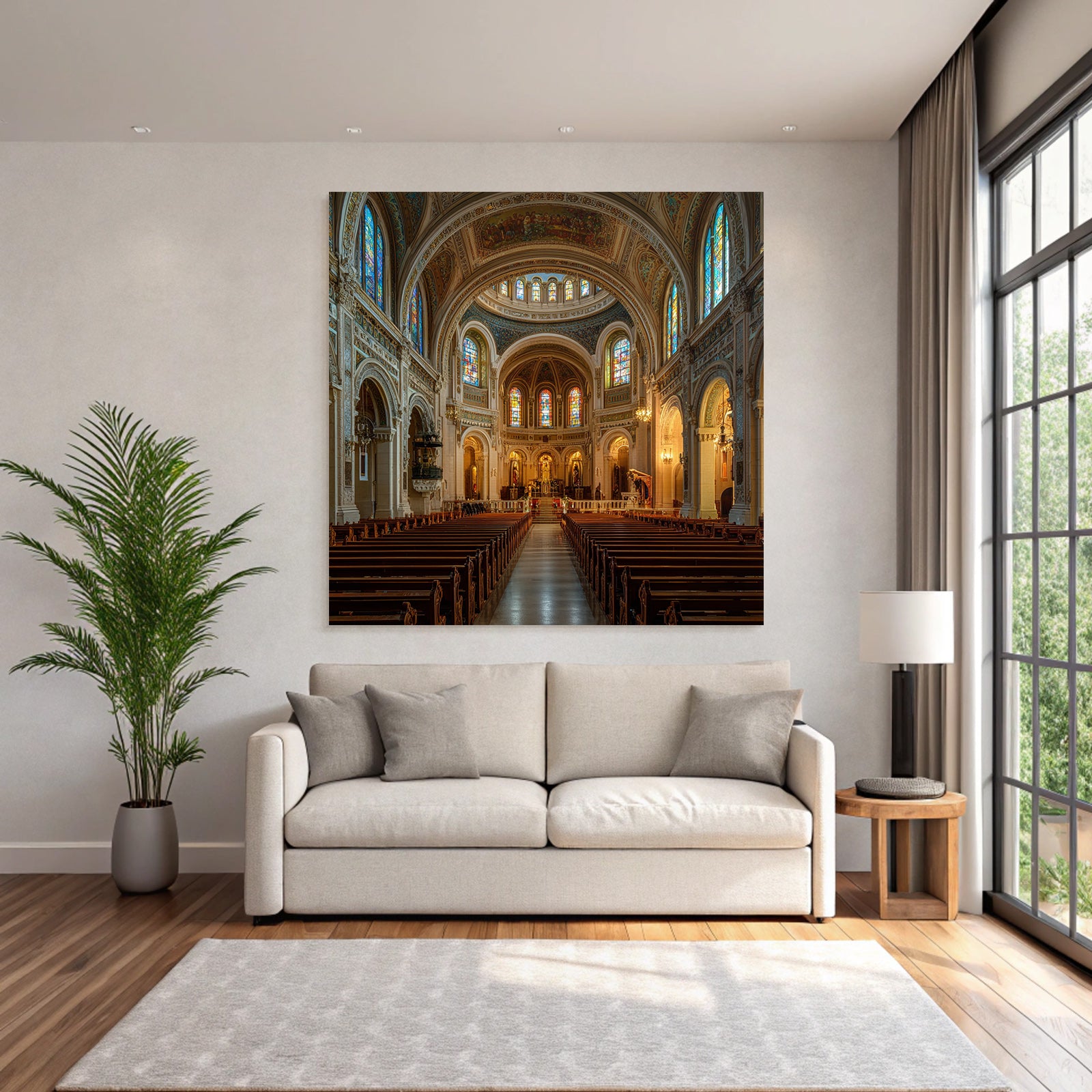 Grand Kirche Innenansicht Mit Buntem Glasfenster Und Pews
